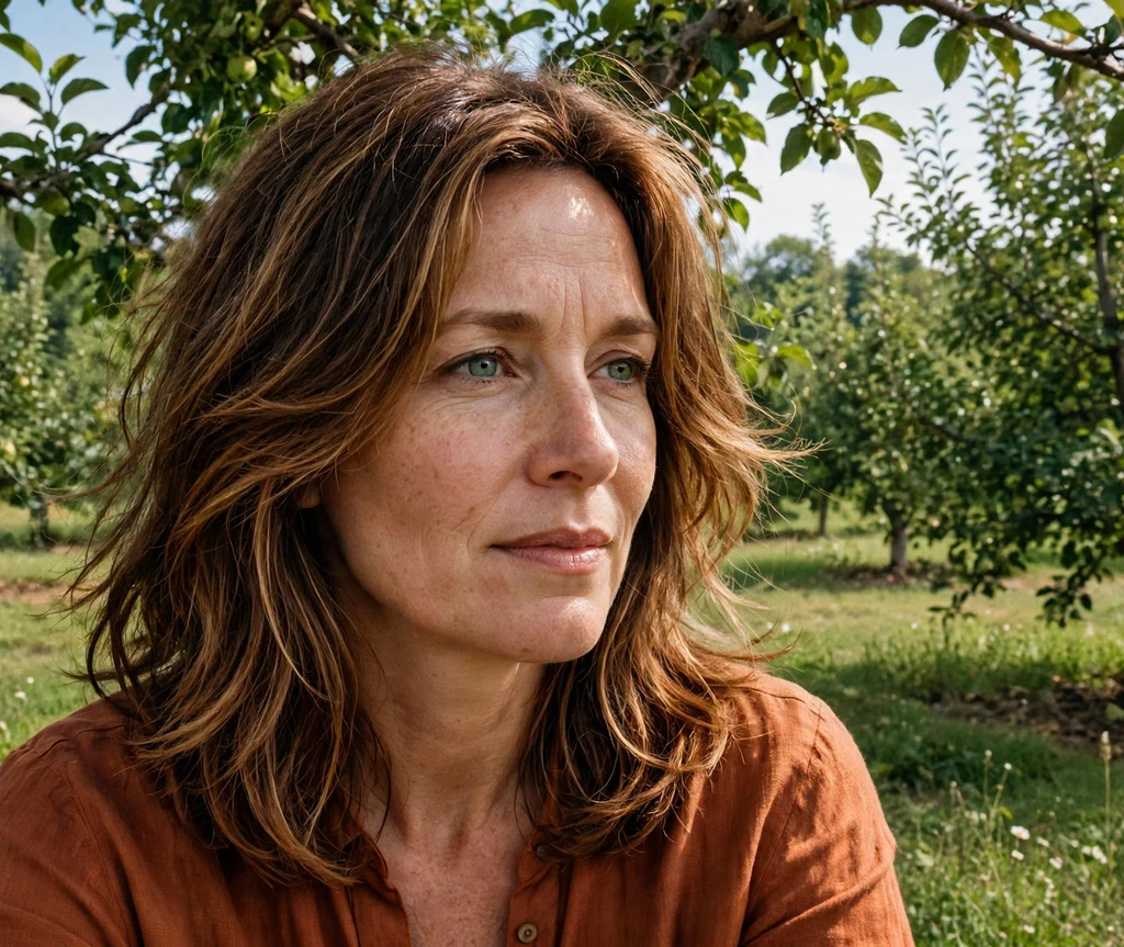 Woman with maple brunette glow layered hair in a summer orchard