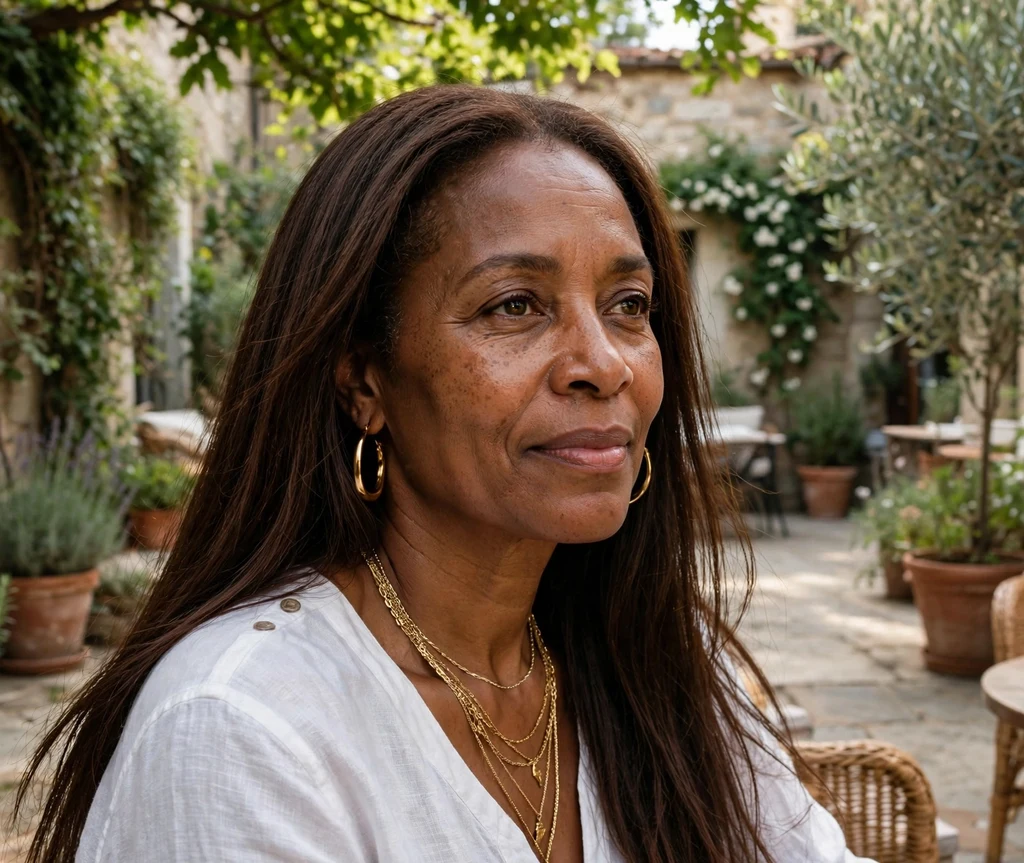 Woman with dark hot cocoa long straight hair in a summer courtyard