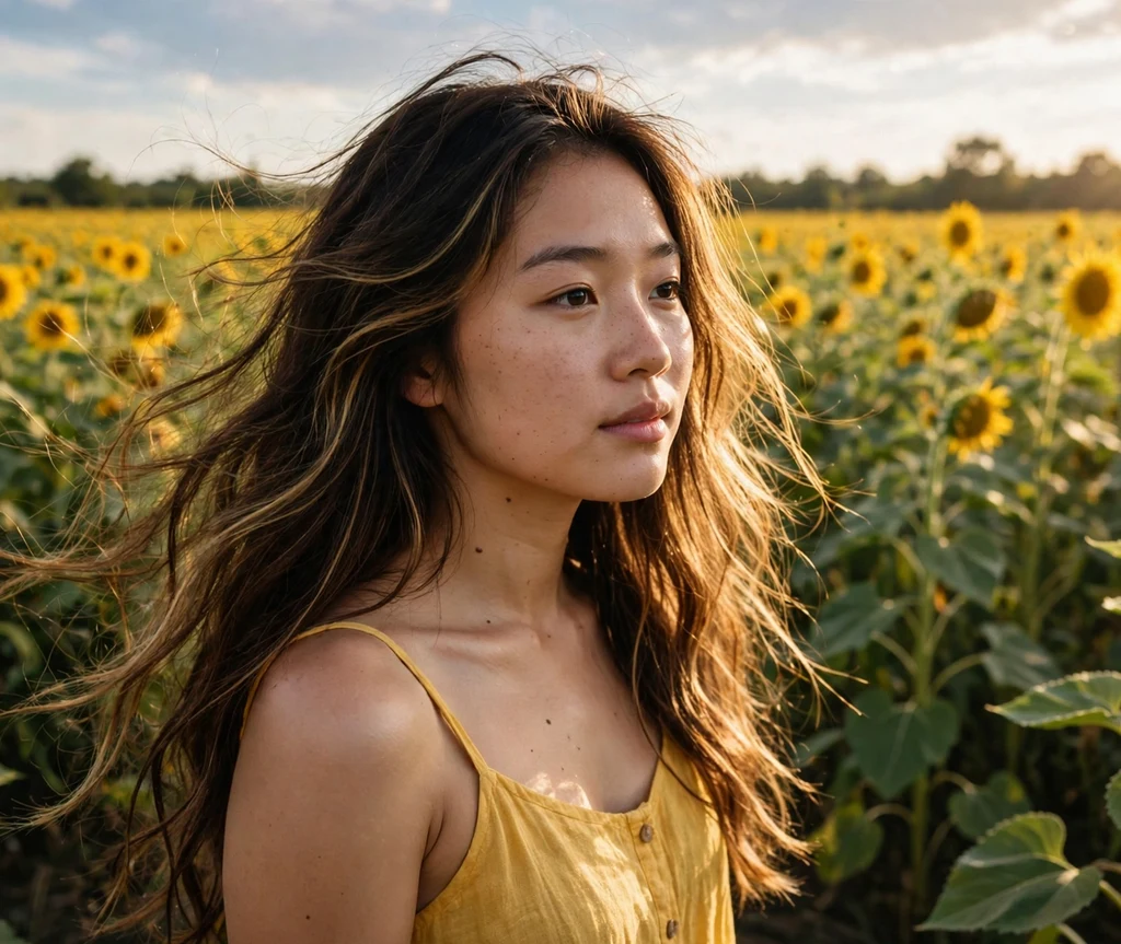 Woman with sunbeam brunette highlights in a sunflower field