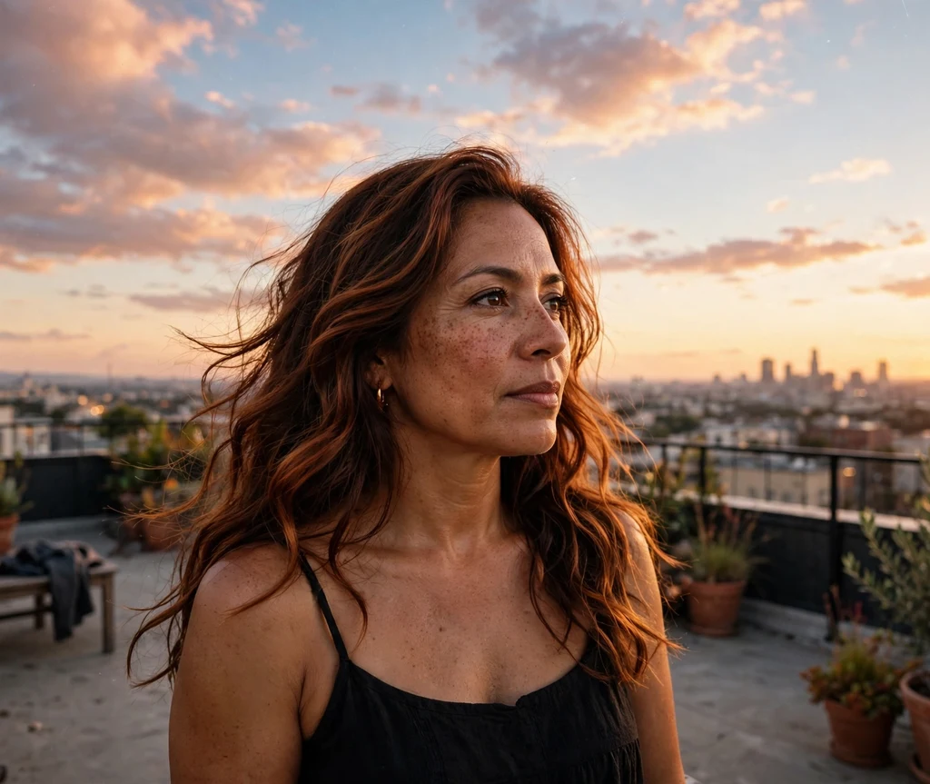 Woman with molten copper brunette waves on a rooftop at sunset