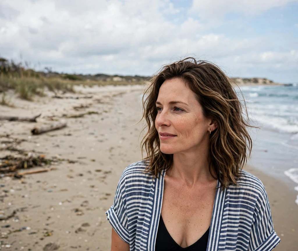 Woman with beachy brunette babylights on a beach shore