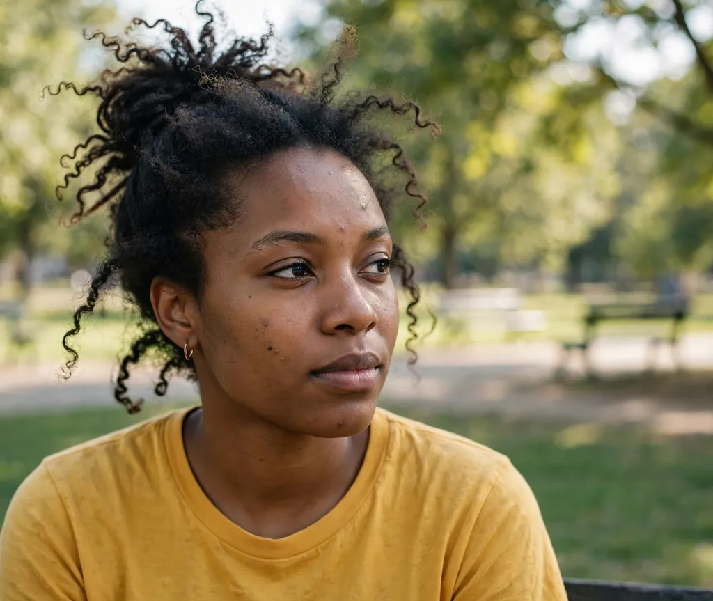 Textured messy top knot on natural coily hair, mustard yellow top, sunny park