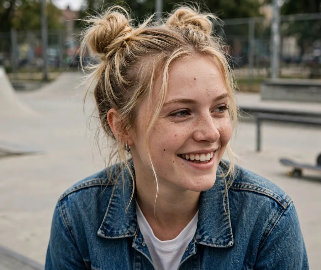 Two high playful space buns with loose tendrils on blonde hair, denim jacket, skate park