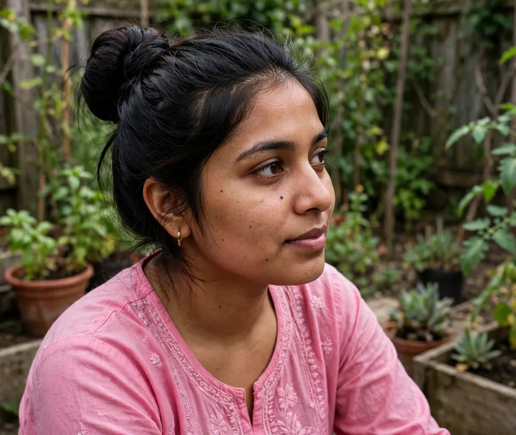 Full round sock bun on black hair, pink kurta, home garden
