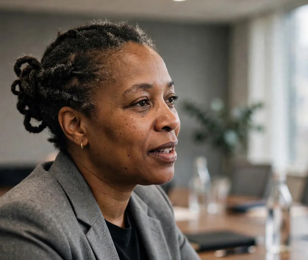 Twisted French-style bun on short natural hair, gray suit, conference room