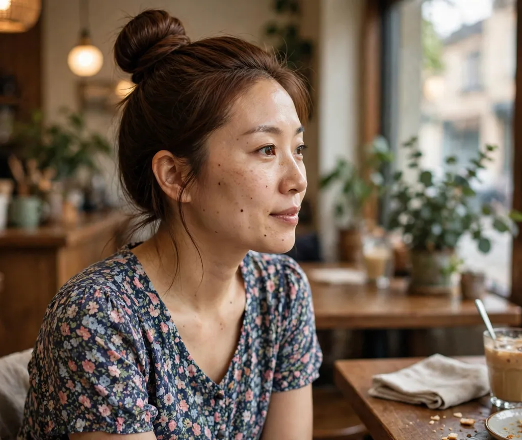 High sleek top knot bun on brown hair, floral dress, cozy café