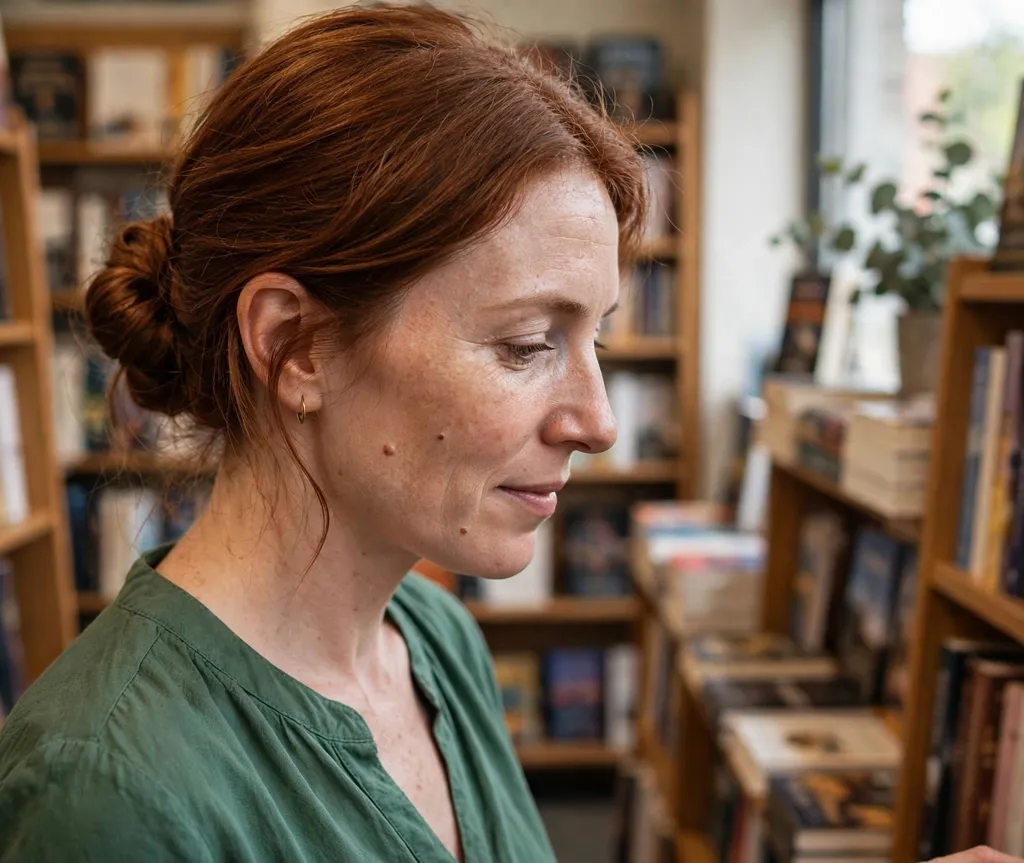 Low bun swept elegantly to one side on auburn hair, green blouse, bookstore