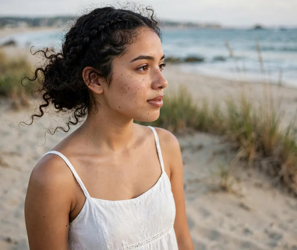 Dutch braid from hairline leading into a low bun on curly dark hair, white sundress, beach