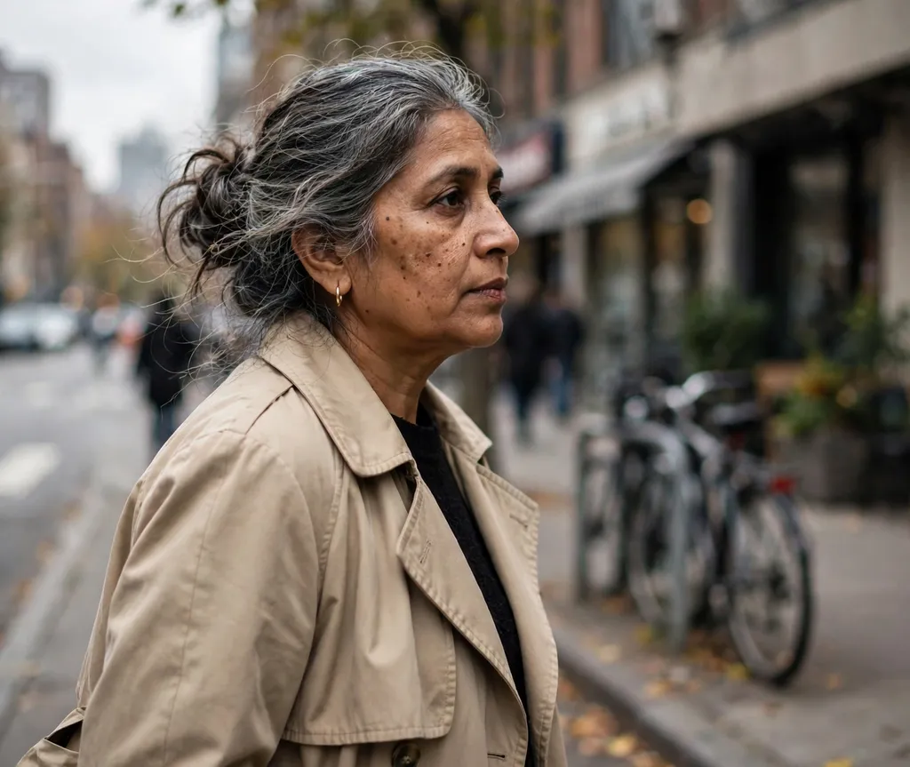 Loose messy low bun on salt-and-pepper hair, beige trench coat, city street