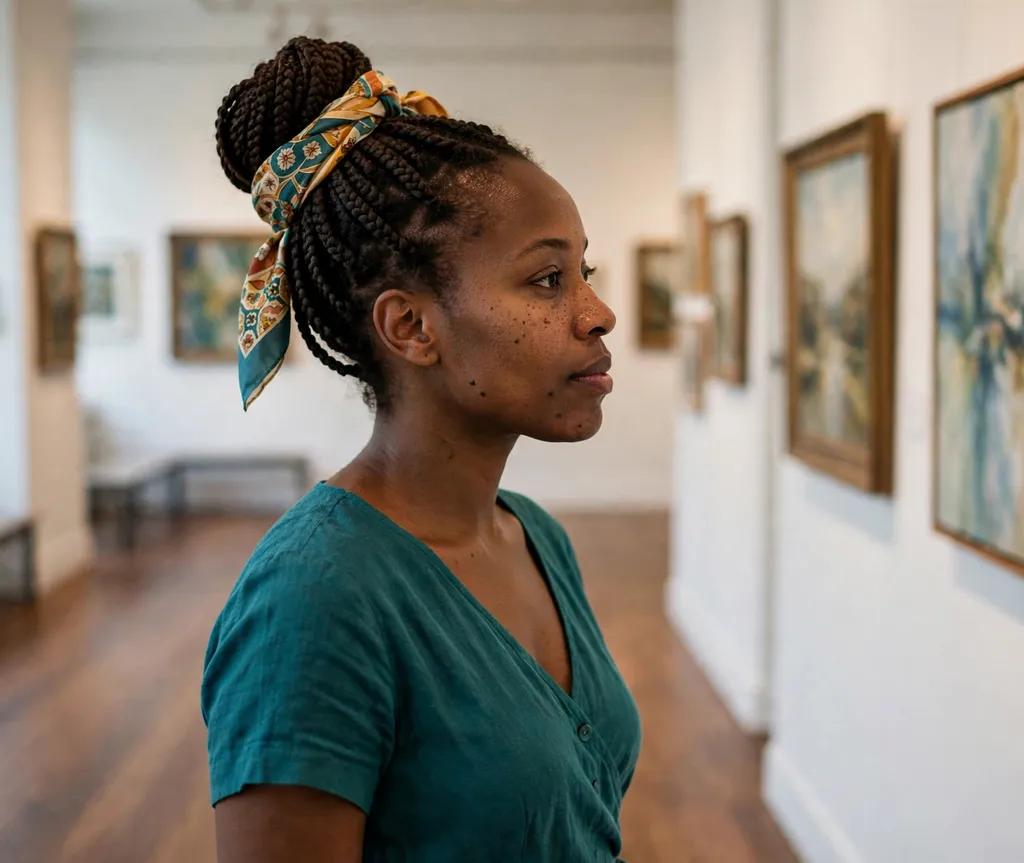 High bun of braided hair wrapped with a printed silk scarf, teal dress, art gallery