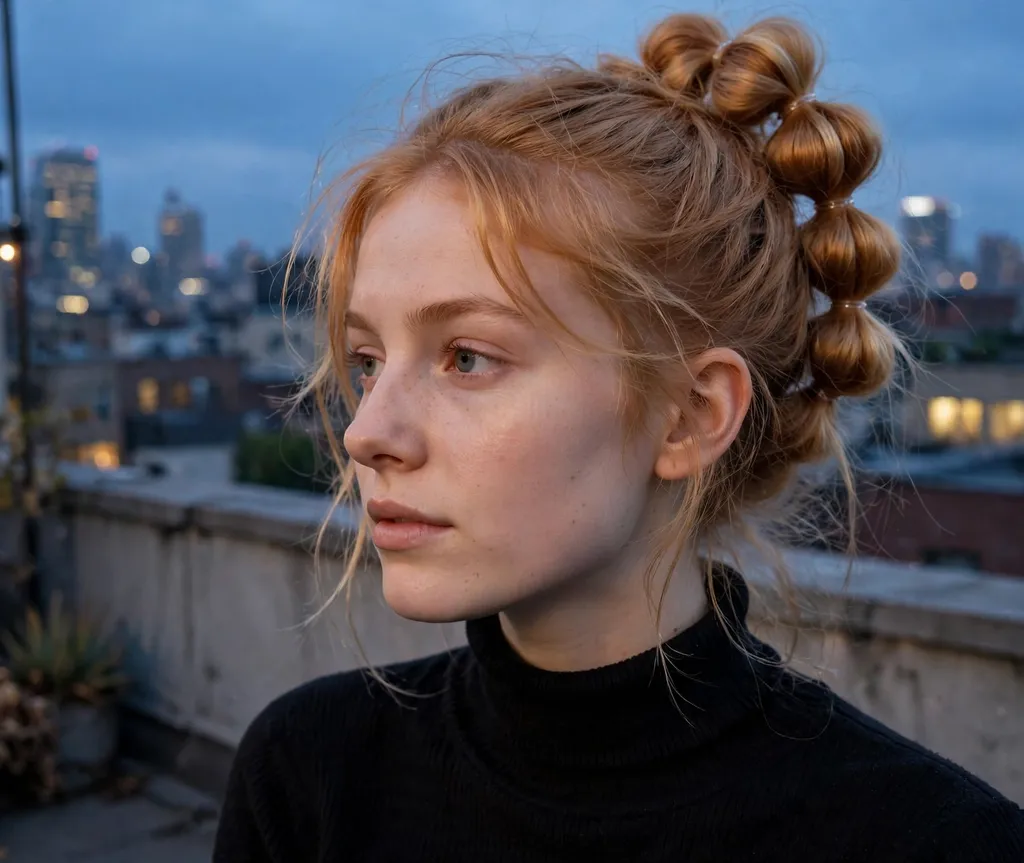 Segmented bubble bun on strawberry blonde hair, black turtleneck, city rooftop at dusk