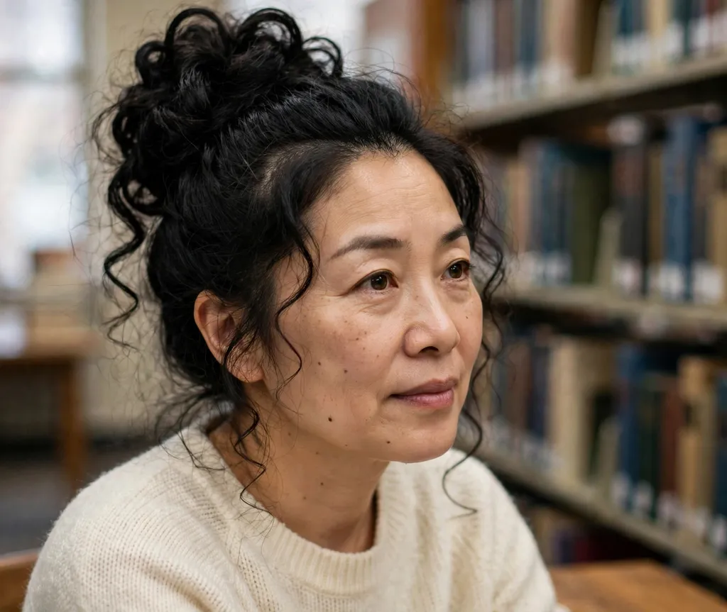 Voluminous high bun of defined curls on black hair, cream sweater, library