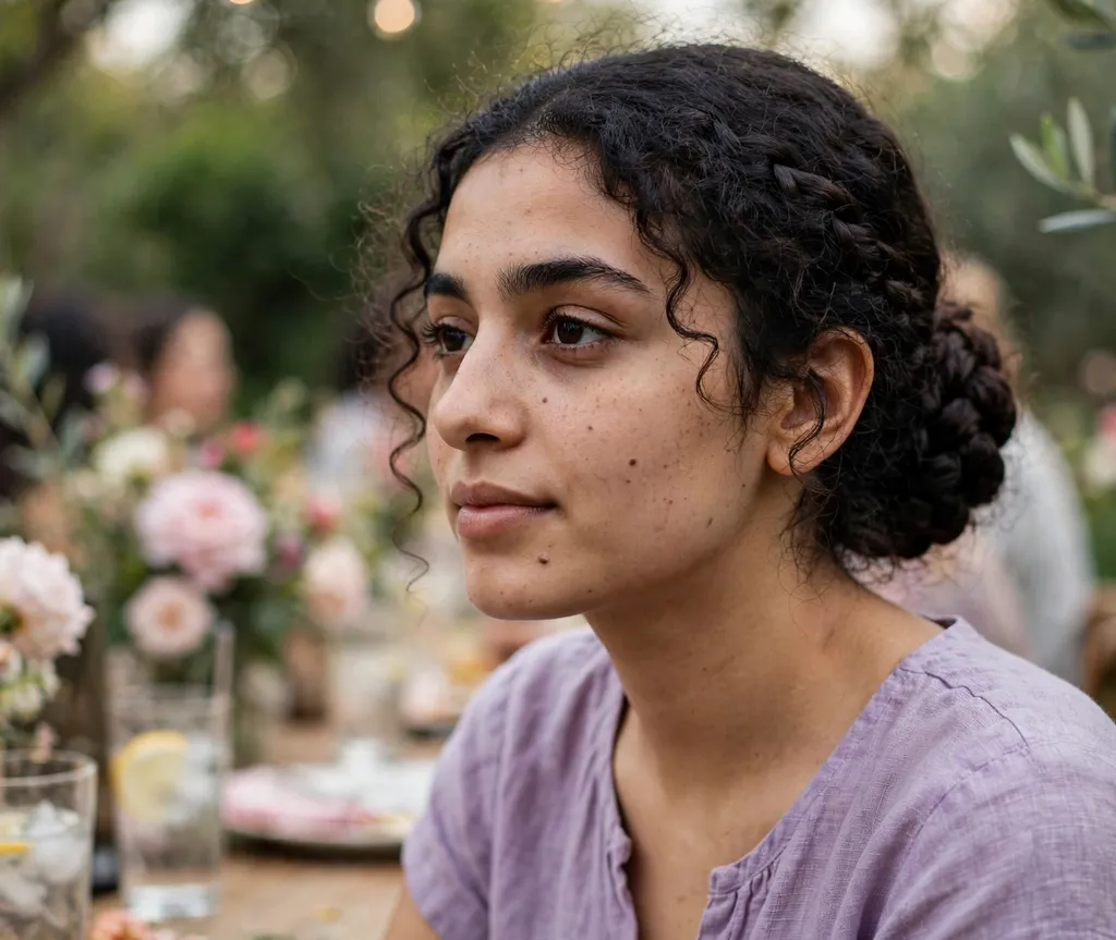 Braided low bun on dark curly hair, lavender top, garden party