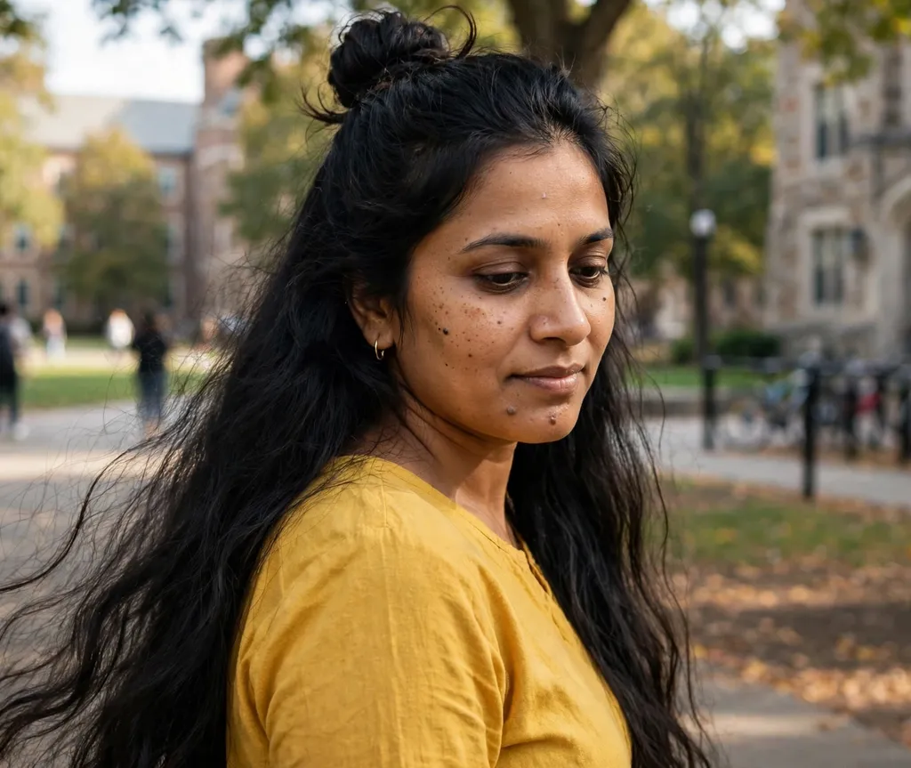 Half-up top knot bun with very long hair flowing down, mustard yellow top, university campus