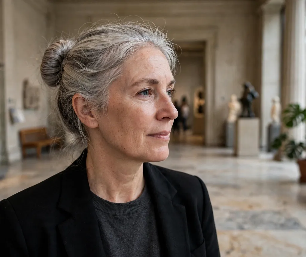Neat round donut bun on silver-gray hair, black blazer, museum lobby