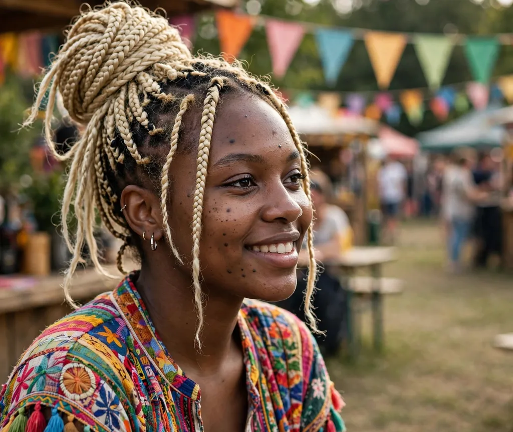 Rope-textured high bun of blonde box braids, colorful festival outfit, outdoor festival