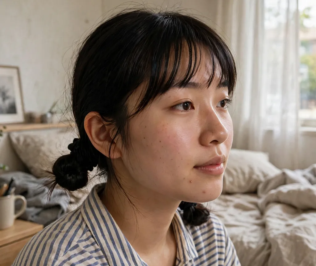 Two low buns with bangs on dark hair, striped shirt, bedroom