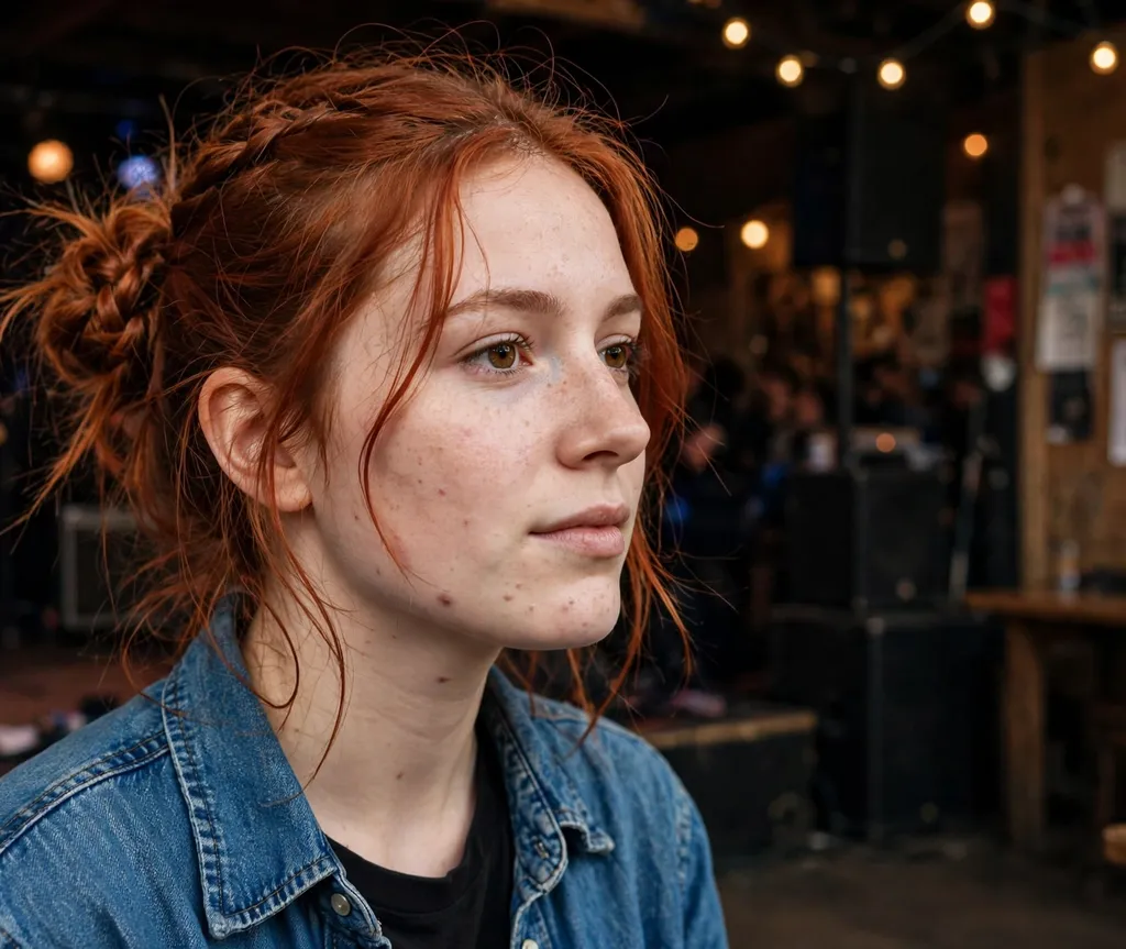 Loose messy braided bun on copper red hair, denim shirt, music venue
