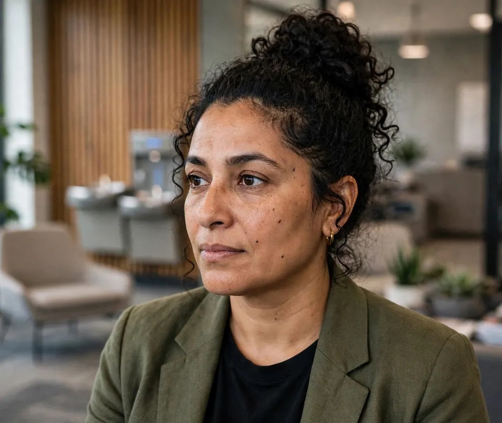 High bun of defined curls on dark hair, olive blazer, office lobby