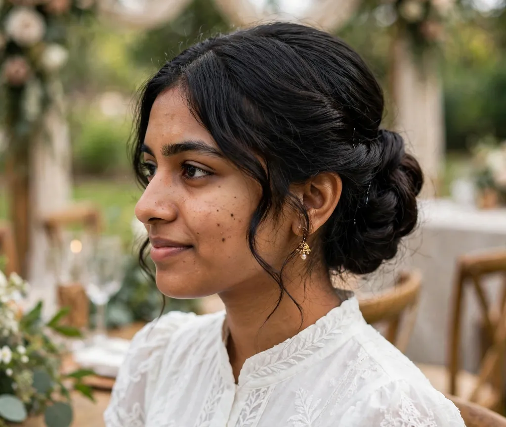 Polished French twist chignon bun on wavy black hair, white dress, wedding venue