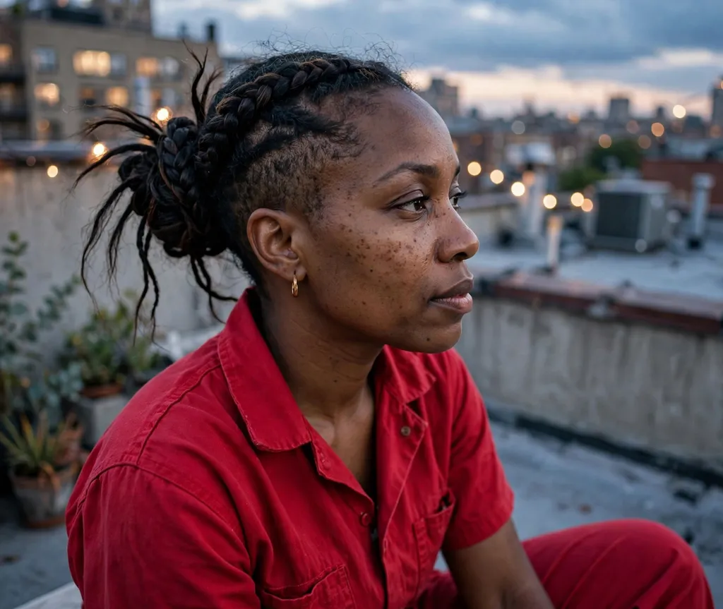Fishtail-textured bun on short tapered hair with extensions, red jumpsuit, rooftop at dusk