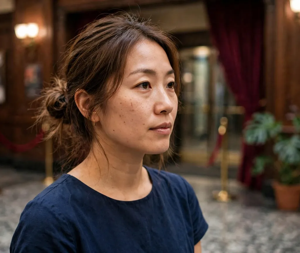 Loose elegant knot bun at the nape on long brown hair, navy dress, theater lobby