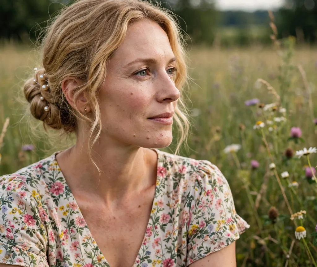 Low bun decorated with pearl pins on honey blonde hair, floral maxi dress, summer meadow