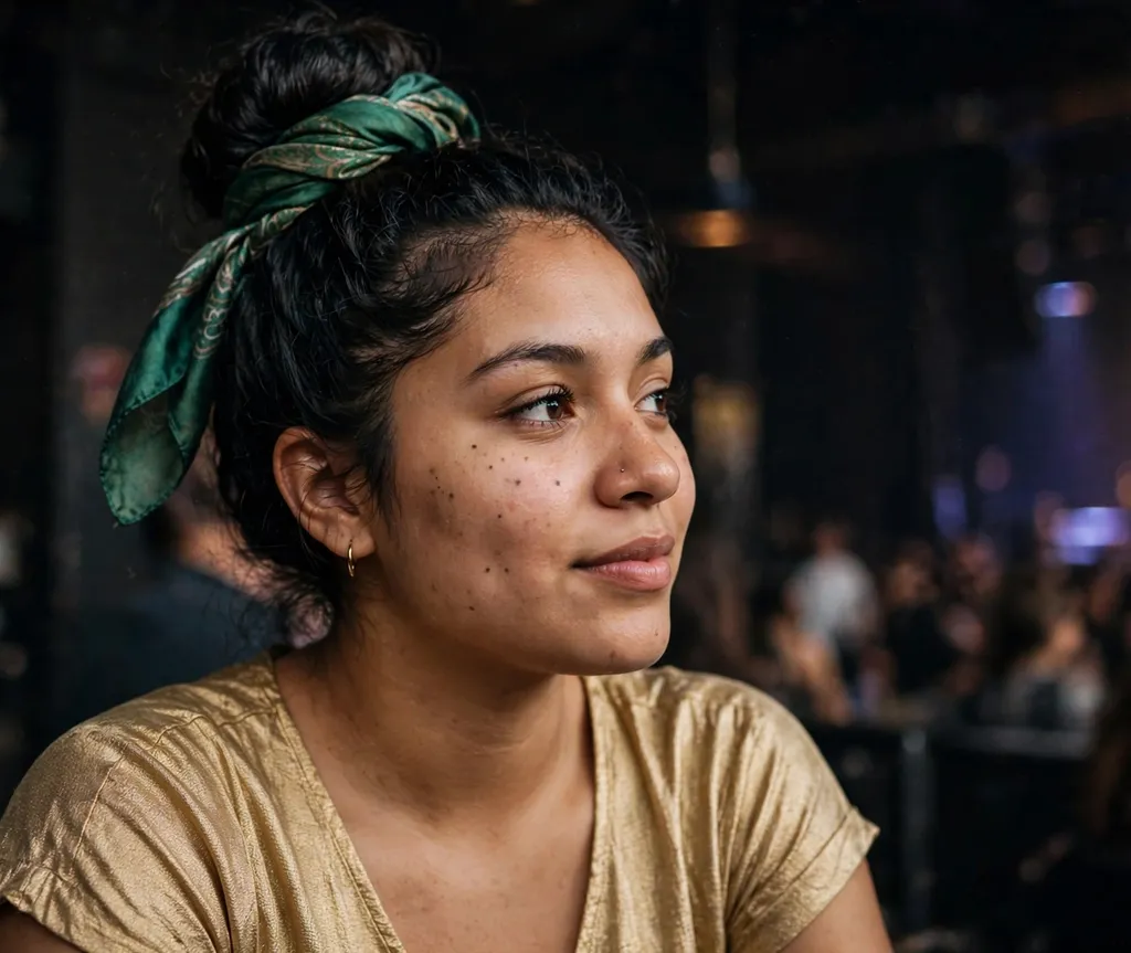 High bun wrapped with a silk scarf on black hair, gold top, concert venue