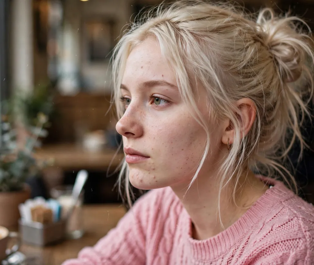 Tousled messy side bun on platinum blonde hair, pink sweater, cozy café