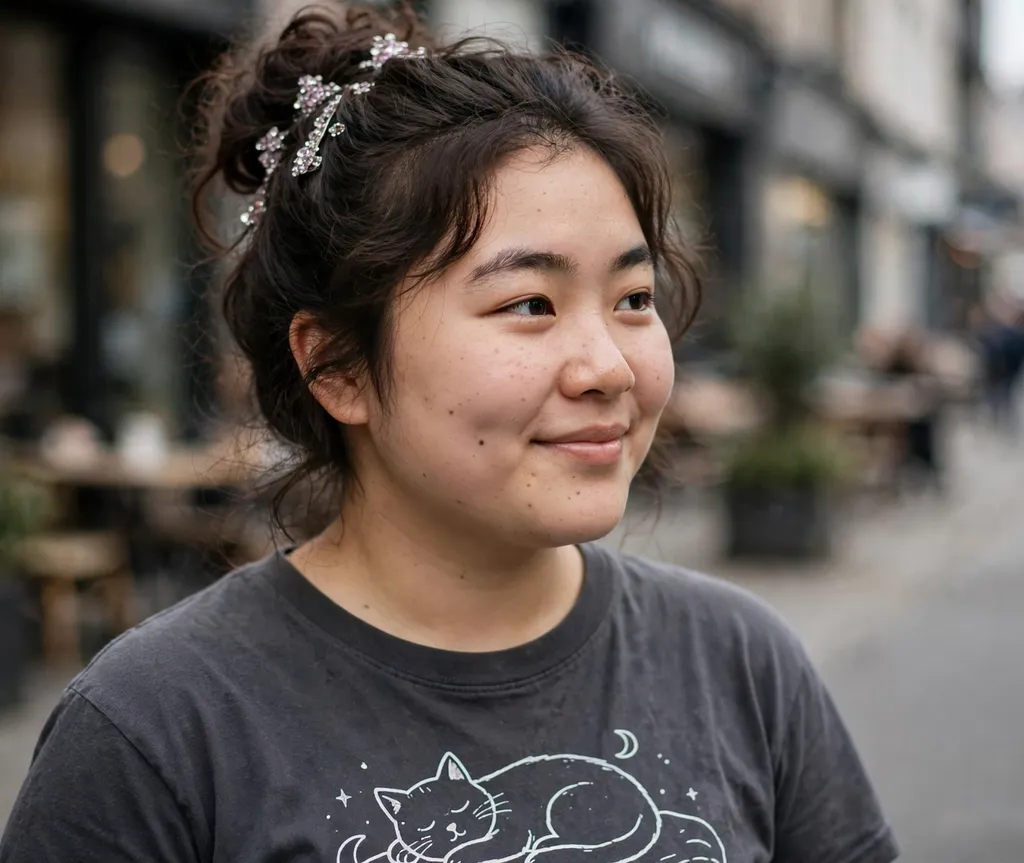Bun decorated with sparkling jeweled hair clips on dark wavy hair, graphic tee, city street