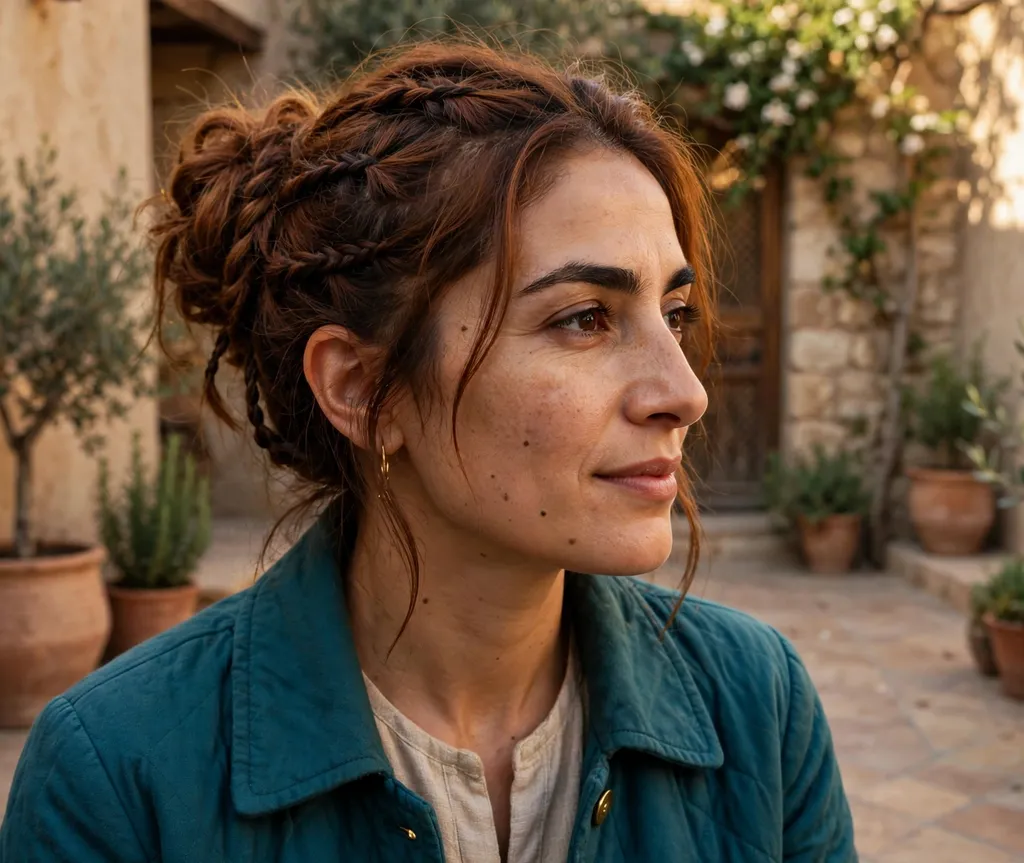 Loose boho textured bun with small braids on auburn hair, teal coat, sunlit courtyard