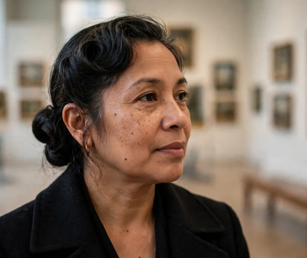 Vintage Gibson-tuck rolled bun at the nape on dark hair, elegant black coat, art gallery