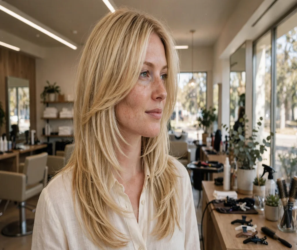 Woman with a classic long butterfly haircut in a bright salon