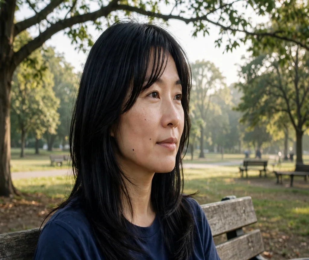 Woman with butterfly layers and curtain bangs on a park bench