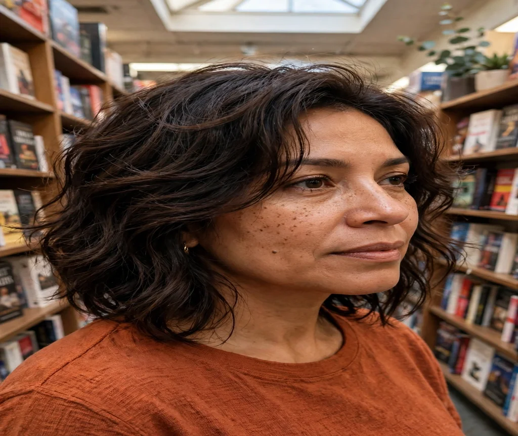 Woman with a butterfly cut and wispy face-framing pieces in a bookstore