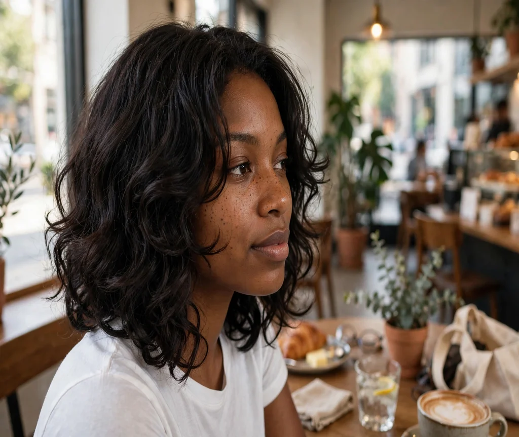 Woman with a shoulder-length butterfly lob at a coffee shop