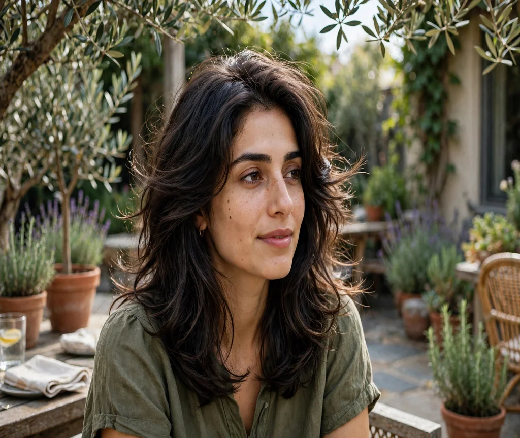 Woman with a butterfly cut for thick hair on a garden patio