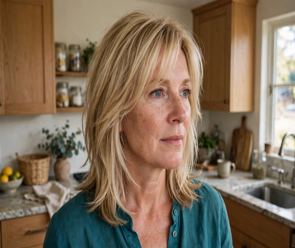 Woman with butterfly layers for fine thin hair in a home kitchen