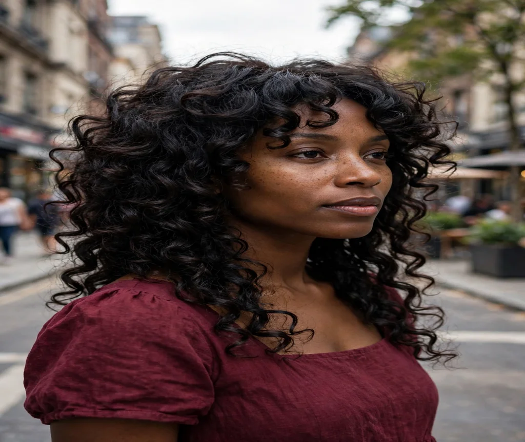 Woman with a curly butterfly haircut on a city street