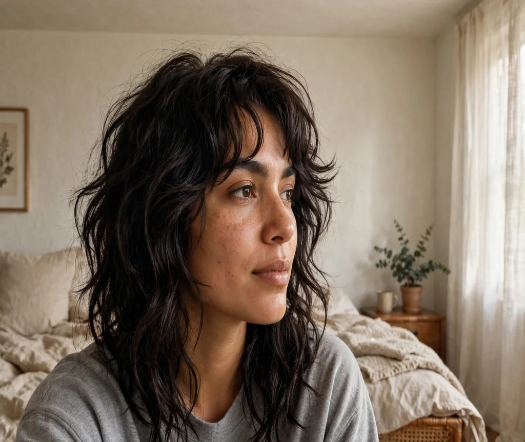 Woman with a wavy tousled butterfly cut in a bedroom