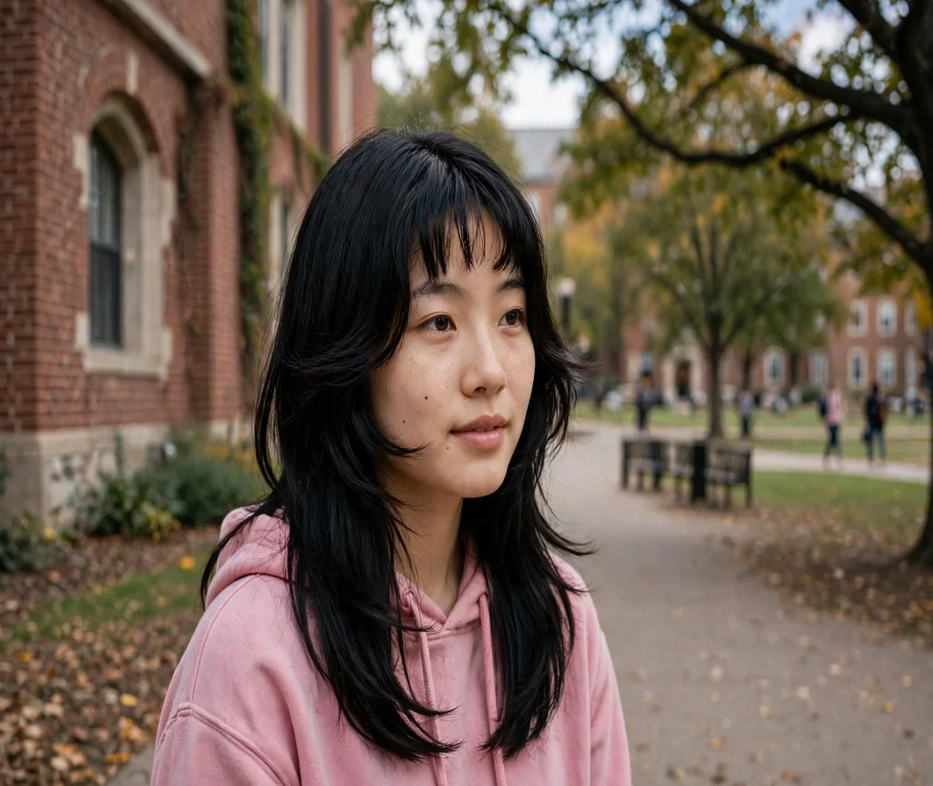 Woman with a butterfly cut and bottleneck bangs on a college campus
