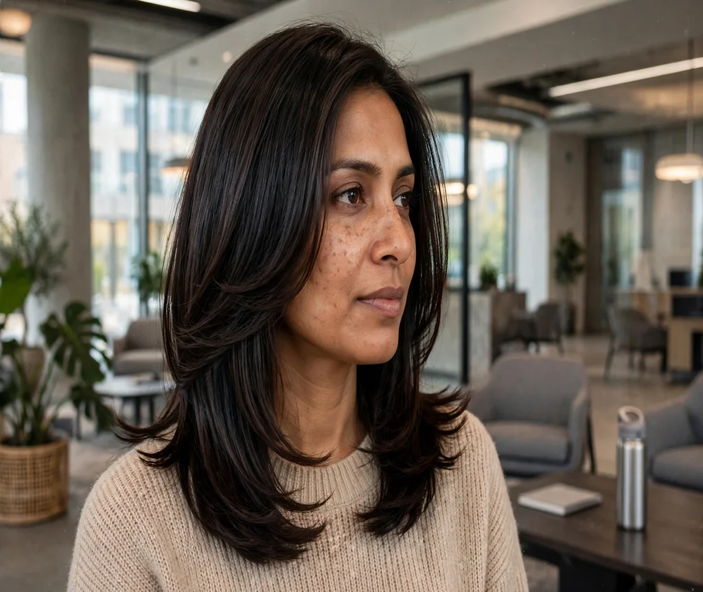 Woman with sleek straight butterfly layers in an office lobby