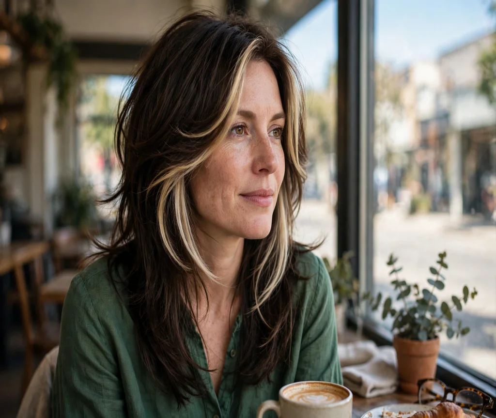 Woman with a butterfly cut and money piece highlights at a cafe