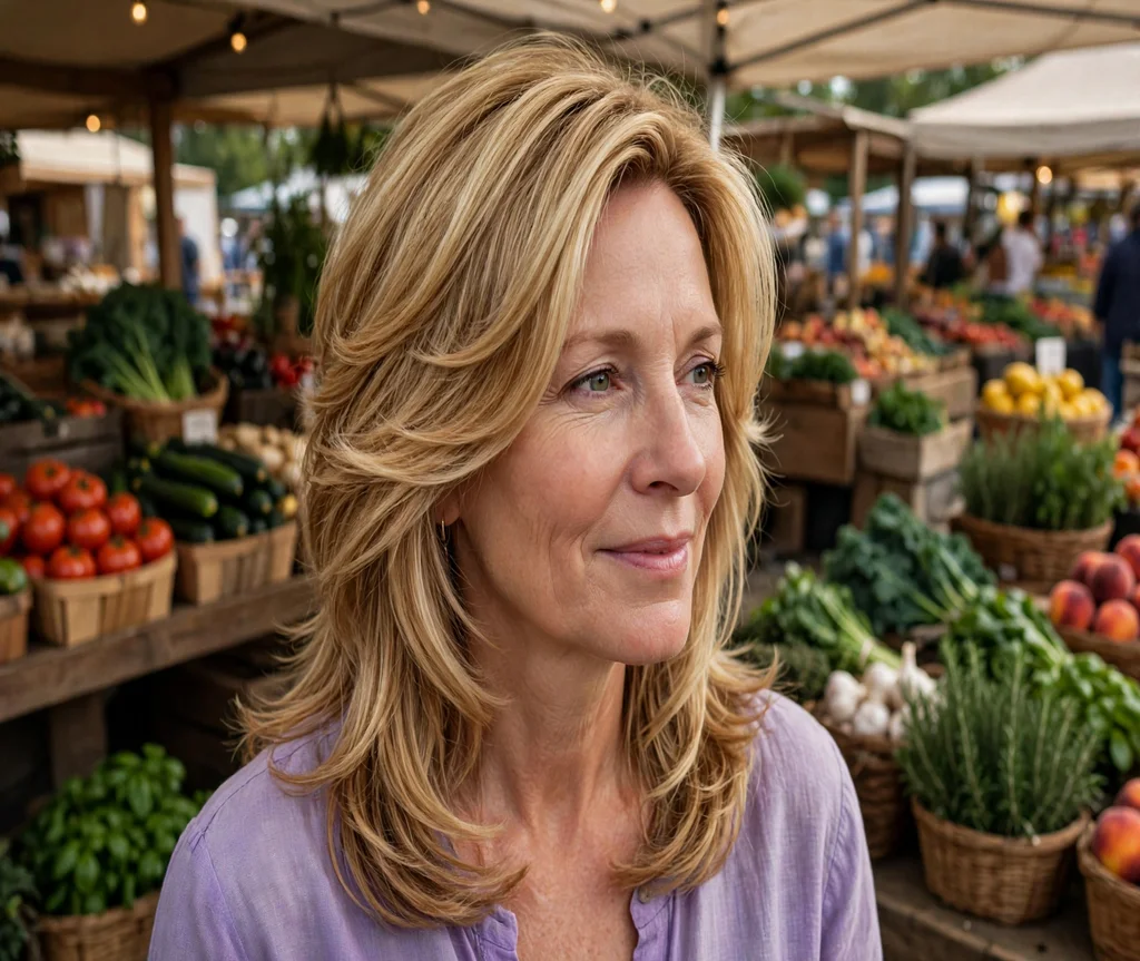 Woman with honey-blonde butterfly layers at a farmers market