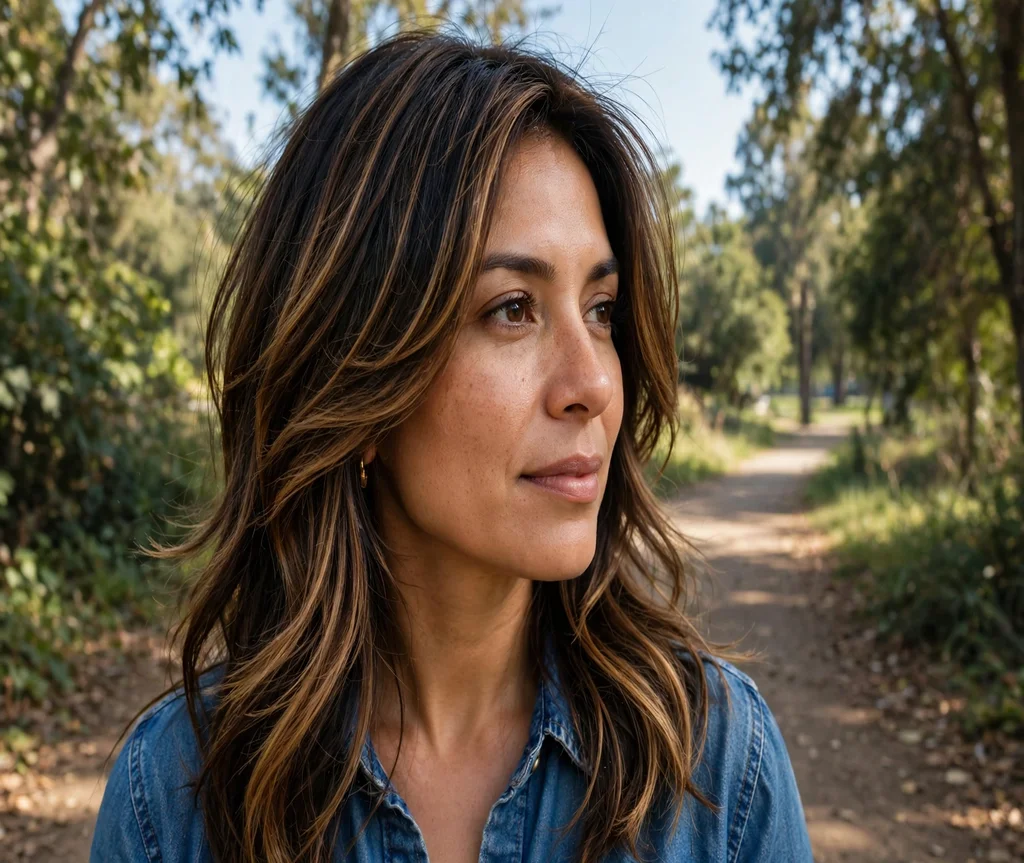 Woman with a brunette butterfly cut and caramel balayage on a park trail