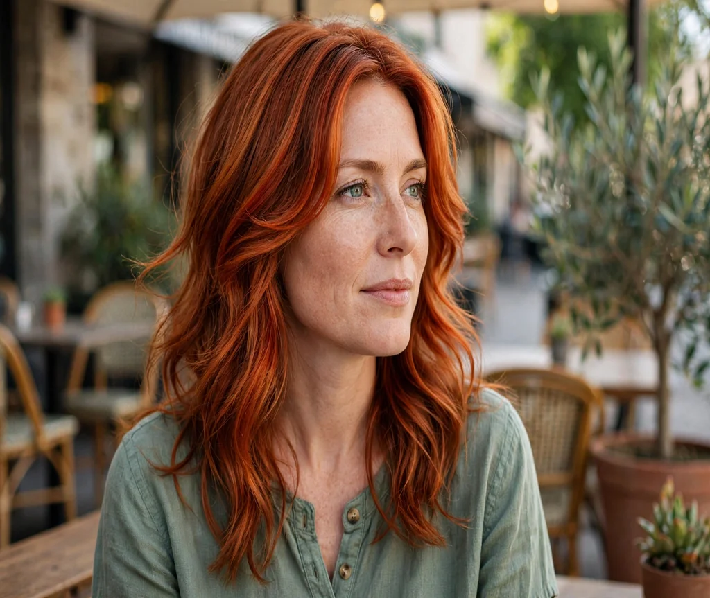 Woman with a copper butterfly haircut on a cafe patio