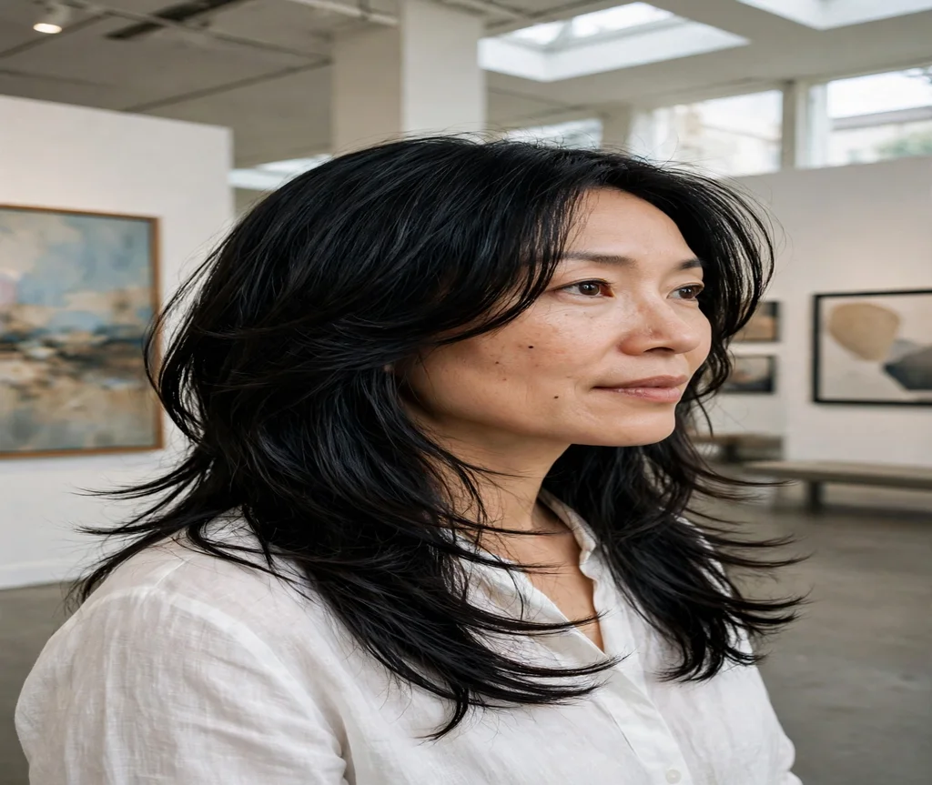Woman with jet-black glossy butterfly layers in an art gallery