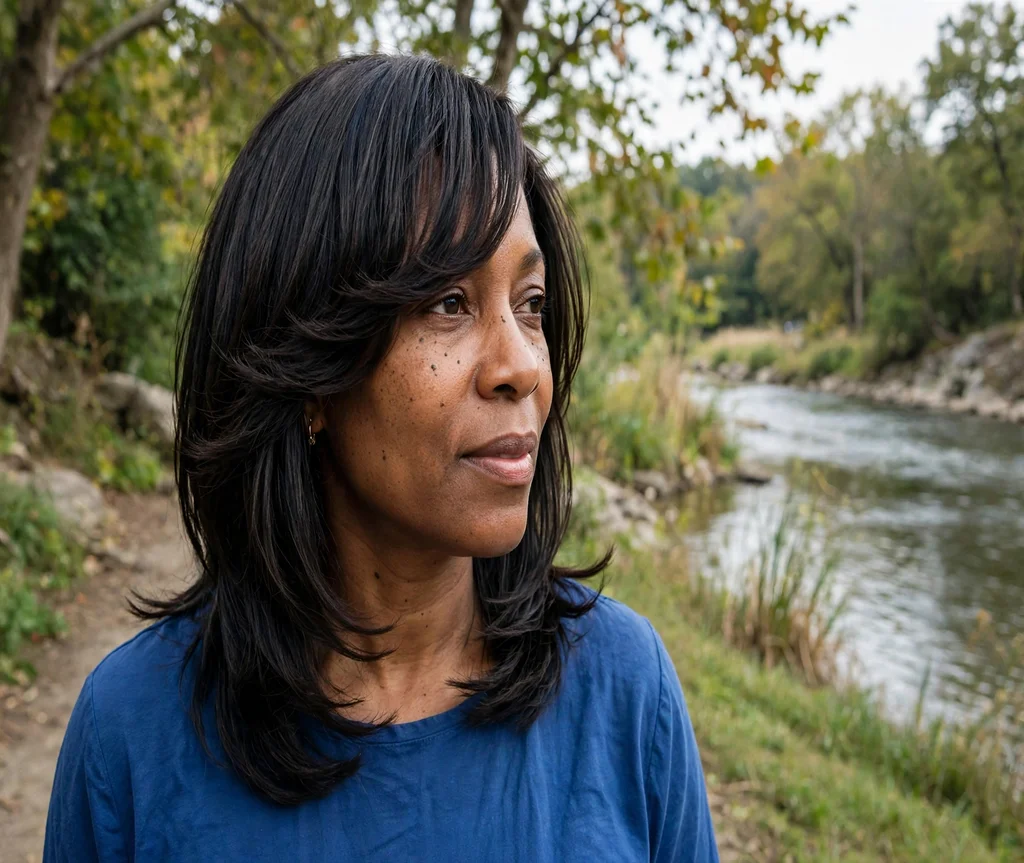 Woman with a butterfly cut and side-swept bangs on a riverside walk