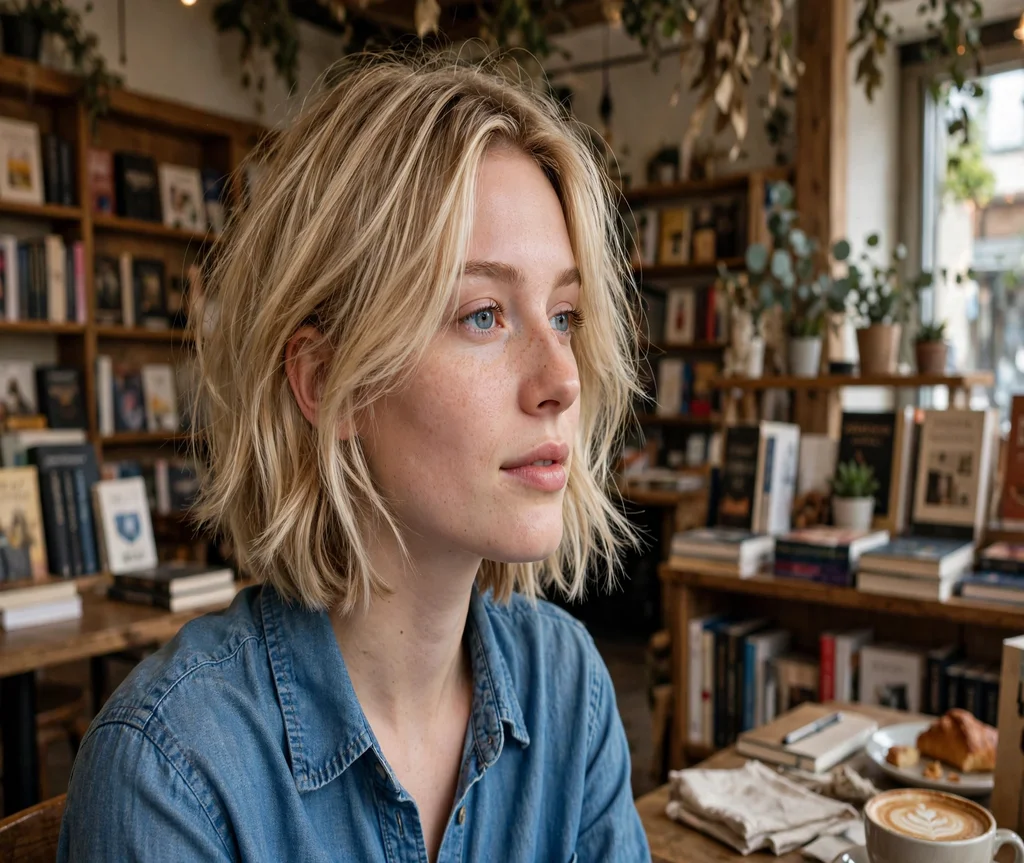 Woman with a chin-length butterfly bob at a bookstore cafe