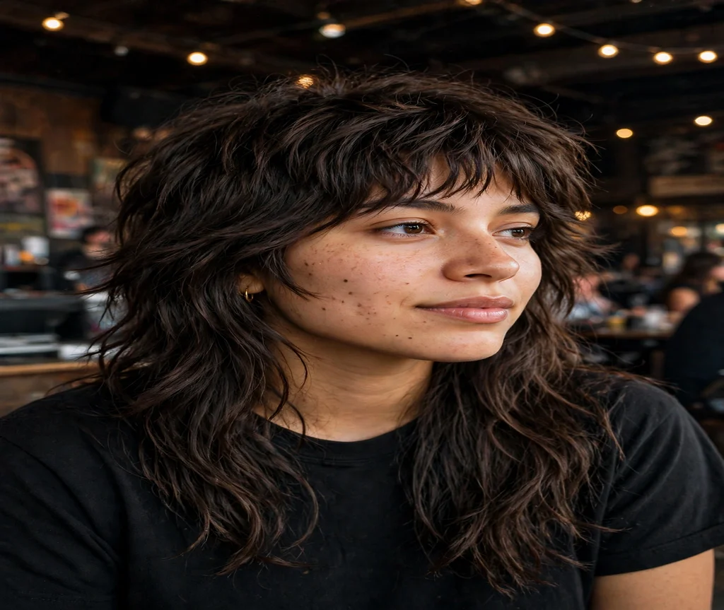 Woman with a butterfly wolf cut hybrid at a music venue